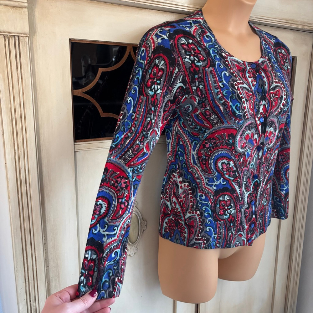 EUC 100% Merino Wool Jewel Tone Paisley Cardigan | Size Med - Picture 4 of 8